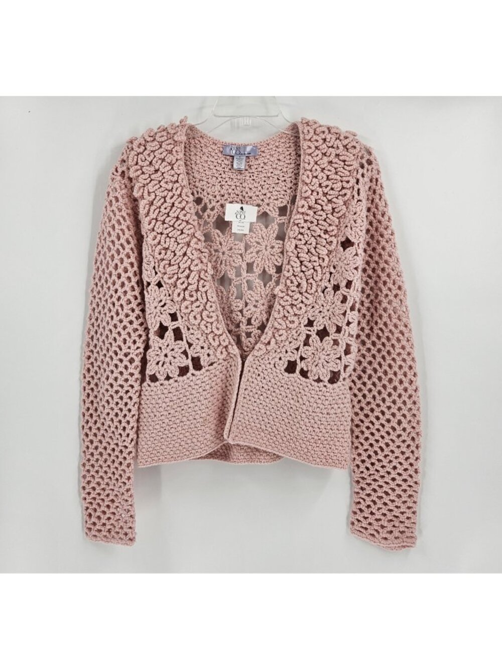 Nine & Co by Nine West Pink Crochet Open Knit Cardigan Sweater Sz M Boho Floral